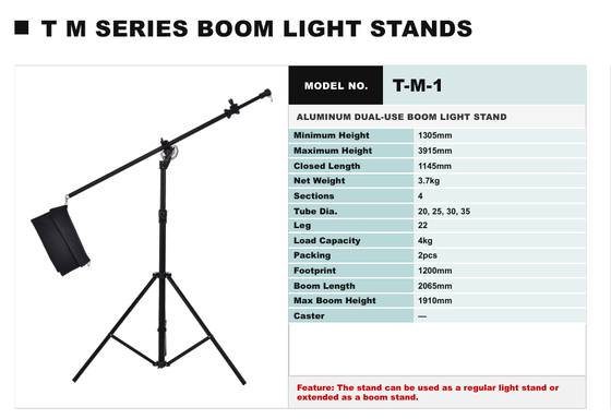 TM Series High-Grade Steel Dual-Purpose Boom Light Stand with 30 kg Load Capacity and Effortless Height Adjustment