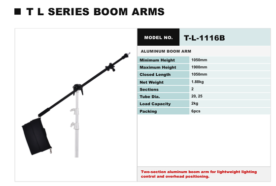 TL Series Aluminum Boom Arm Stand with Adjustable Height and Portable Design for Studio Lighting
