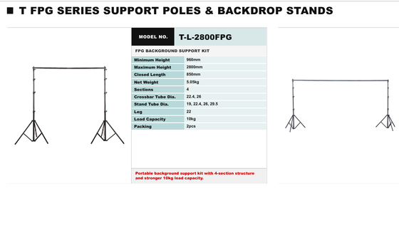 Sistema de soporte de fondo profesional serie TL-FPG con construcción de acero de alta calidad, capacidad de carga de 80 kg y plataforma superior universal de 22 mm